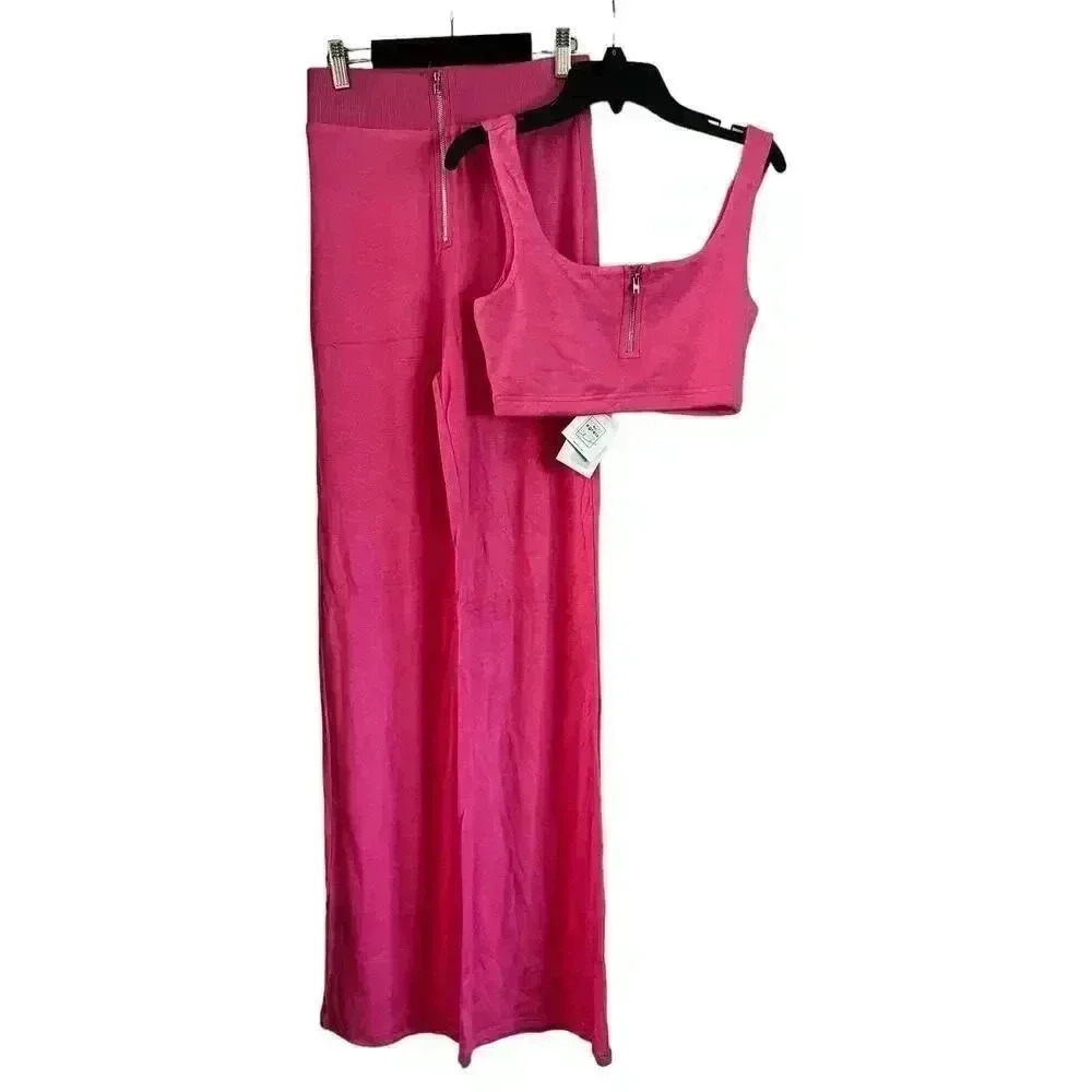 NWT ByEgreis Women’s 2 Piece Set Outfit Tank Top Flare Pants Hot Pink Size Small